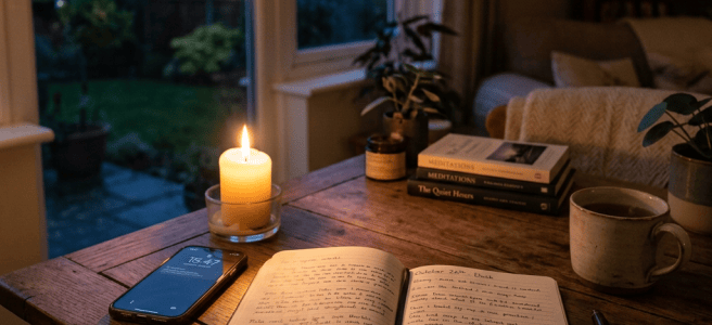 Open journal with handwritten notes, lit candle, smartphone, books, and cup of tea on wooden table at dusk