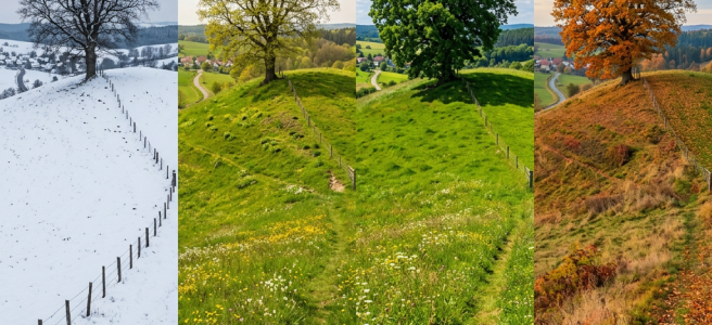 Tree on hill changing through winter, spring, summer, and autumn