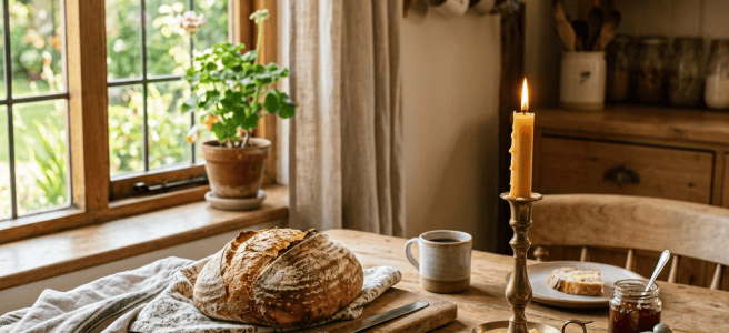 Rustic wooden table with bread, butter, jam, a lit candle, and a coffee mug near a window