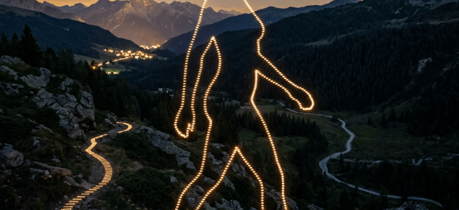 Glowing outline of a walking person over a mountainous valley at night