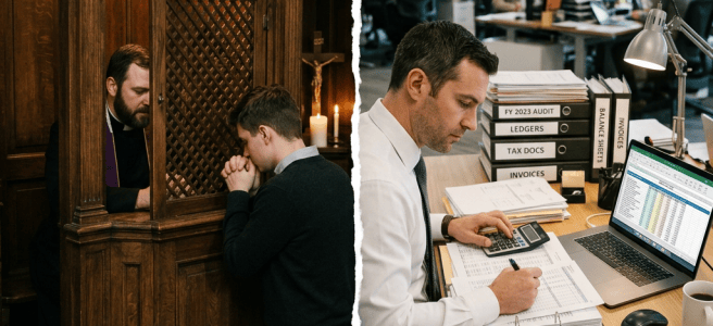 Priest hearing confession beside accountant reviewing FY 2023 audit, ledgers, tax docs, and invoices