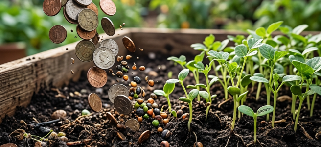 Coins and seeds pour into a garden bed beside seedlings labeled “GROWTH”