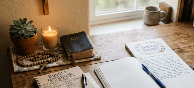 Desk with Bible, prayer journal, budget notebook, rosary, candle, and plant