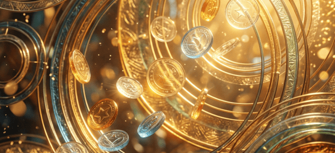 Glowing gold and silver coins floating among concentric metallic rings