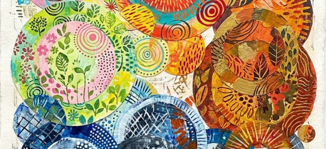 Colorful abstract artwork featuring overlapping patterned circles and botanical motifs