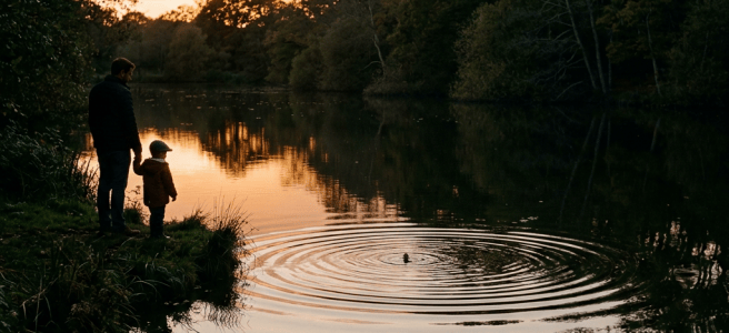 Adult and child watching ripples spread across a sunset pond