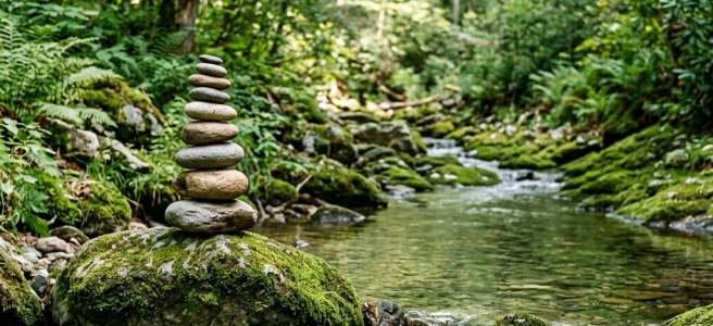 Stacked stones on a moss-covered rock beside a forest stream