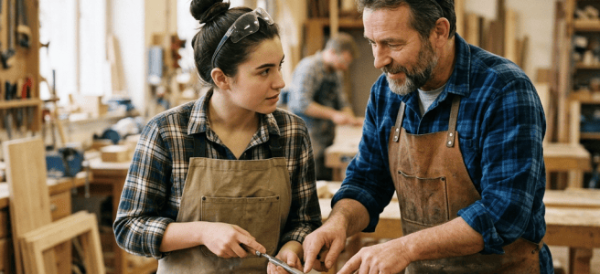 Two woodworkers assembling a wooden frame at a workshop bench