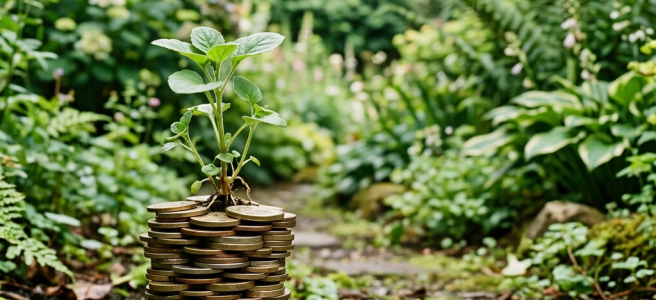 Young plant growing from a stack of coins on a garden path