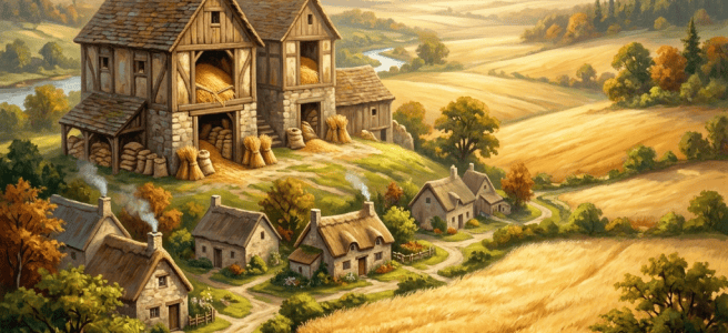 Stone mill and village homes surrounded by golden wheat fields