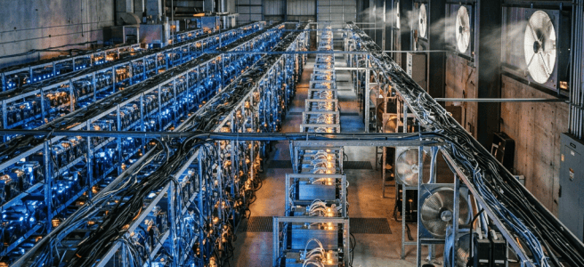 Rows of cryptocurrency mining machines with cables and cooling fans