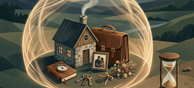 Glowing sphere enclosing a cottage, suitcase, keepsakes, and flowers