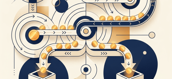 Illustration of coins flowing through financial pathways into two banking towers