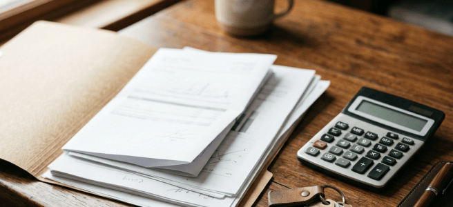 Wooden desk with paperwork, calculator, keys, coffee, and pen