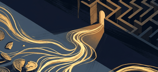 Golden streams winding through stones toward an illuminated maze opening