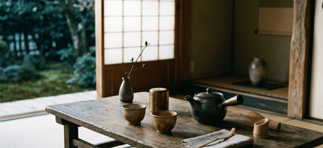 Tea table with teapot, cups, whisk, and vase beside a Japanese garden