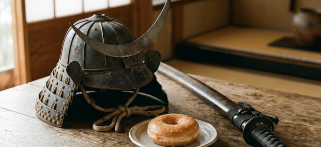 Samurai helmet, sword, and glazed doughnut on a wooden table