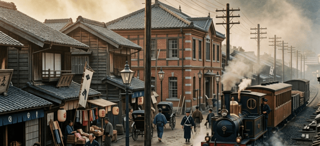 Steam locomotive passing traditional Japanese buildings in a mountain town