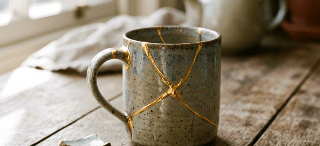 Kintsugi-repaired ceramic mug beside broken pottery pieces on wooden table
