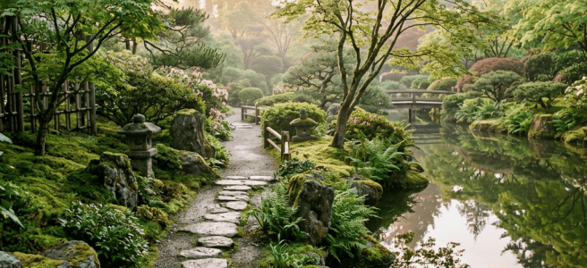 Moss-covered stepping-stone path beside a pond in a Japanese garden