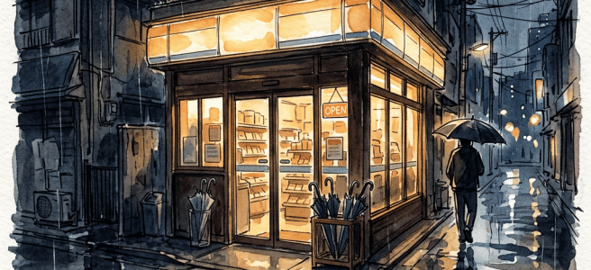 Illuminated corner shop with an OPEN sign on a rainy city street