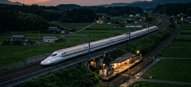 Bullet train crossing rural rice fields with Mount Fuji in background