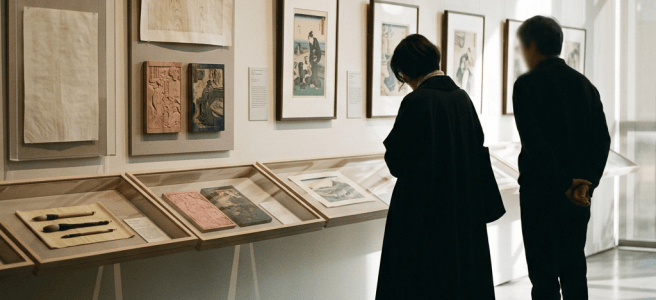 Two visitors examining framed artworks and artifacts in a museum gallery