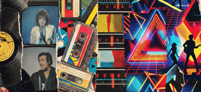 Retro collage of vinyl records, cassette tapes, radio dials, and dancing silhouettes