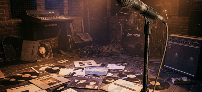 Microphone on a studio stage surrounded by vinyl records and instruments
