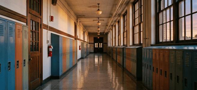 Empty school hallway with colorful lockers and large sunset-lit windows
