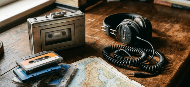 Vintage cassette players, headphones, map, books, and coffee on a wooden desk
