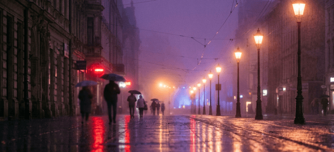 Rainy city street with pedestrians, umbrellas, streetlamps, and colorful reflections