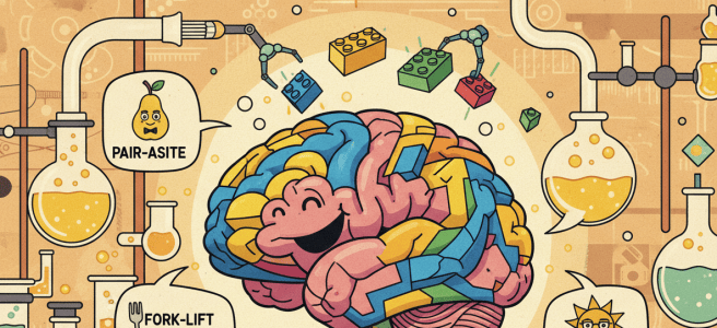 A clever, colorful editorial illustration for a blog post titled “The Dad Joke Lab: Why Puns Make the Brain Do a Little Rebuild.” Show a playful laboratory scene where a smiling brain rebuilds itself with tiny LEGO-like parts, speech bubbles containing harmless visual wordplay, and a warm humorous science-magazine aesthetic. No readable text, no logos, landscape composition suitable as a WordPress featured image.