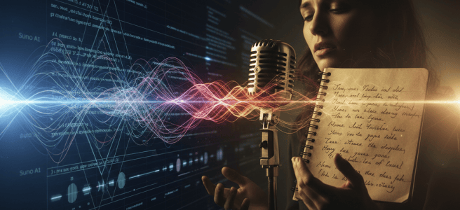 Editorial featured image for an article about Suno AI music generation and human creativity. Split composition: on the left, abstract code, algorithms, glowing waveform data, and digital audio controls; on the right, handwritten lyrics, a vintage microphone, and a human performer’s emotional creative presence. The two halves blend through colorful musical waveforms. Sophisticated, thought-provoking, album-cover-inspired, cinematic lighting, no readable text, landscape orientation.