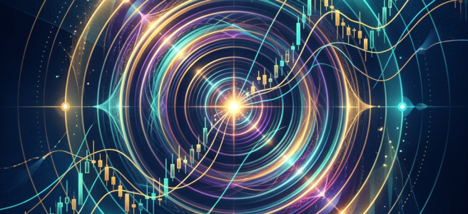 Abstract financial chart with rising candlesticks and glowing orbital lines