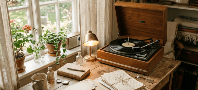 Vintage record player, handwritten letters, plants, and books on a wooden desk