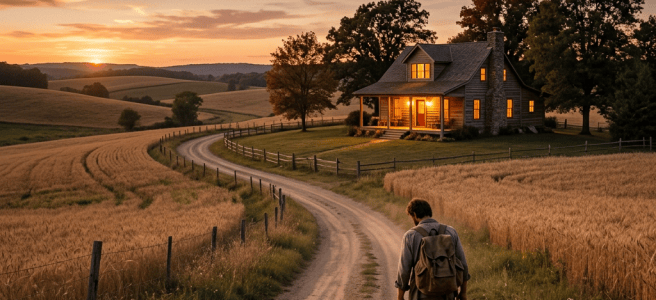 Traveler walking along a dirt road toward a lit farmhouse at sunset