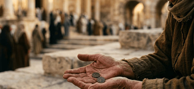 Seated person holding two coins before ancient stone ruins