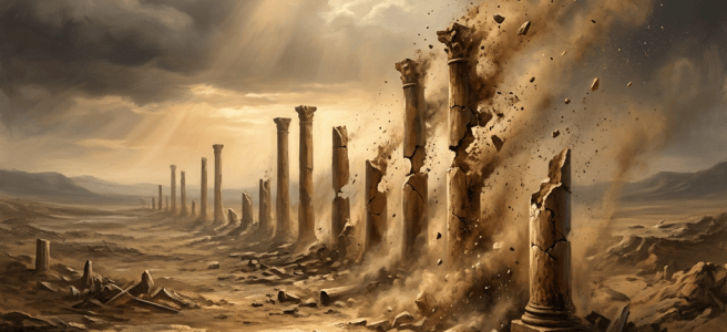 Crumbling ancient columns scattered across a barren landscape under storm clouds