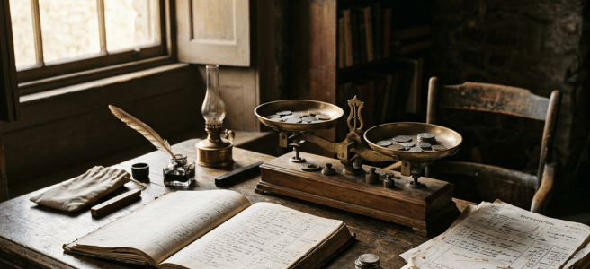 Antique desk with ledgers, coins, quill, and balance scale