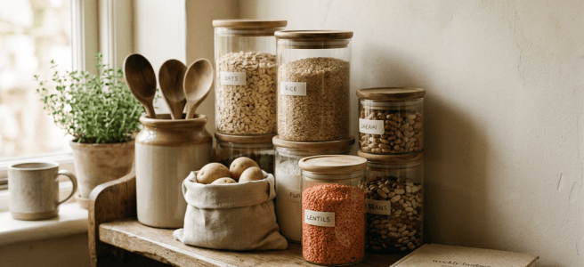 Wooden shelf with labeled jars of oats, rice, lentils, and beans