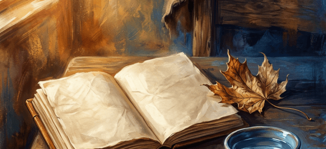 Open journal with fountain pen, autumn leaves, and tea on a wooden desk