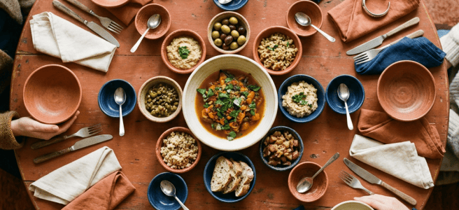 Overhead view of a communal meal with bowls, serving dishes, and folded napkins