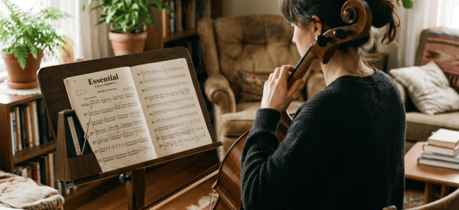 Musician playing cello while reading sheet music at home