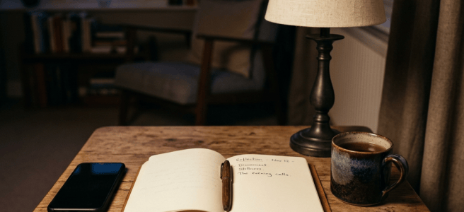 Open journal with handwritten notes beside coffee, phone, and lit lamp